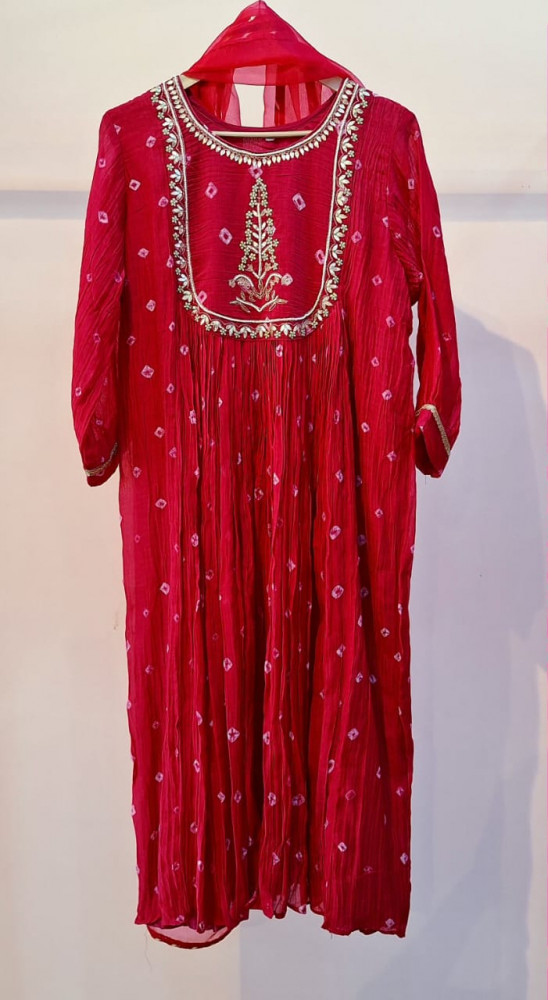 Image of CARROT RED HANDWORK KURTI PANT AND DUPATTA SET