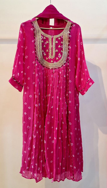 PINK HANDWORK KURTI PANT AND DUPATTA SET