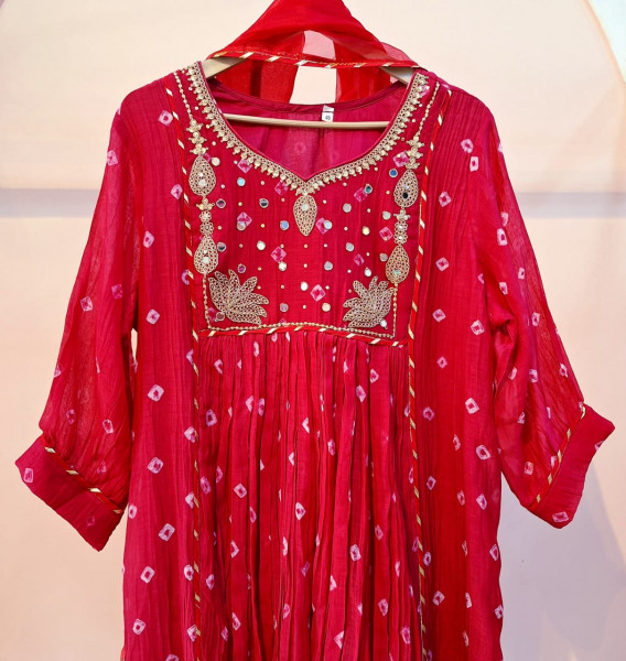 LIGHT RED HANDWORK KURTI PANT AND DUPATTA SET