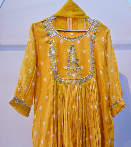 YELLOW HANDWORK KURTI PANT AND DUPATTA SET