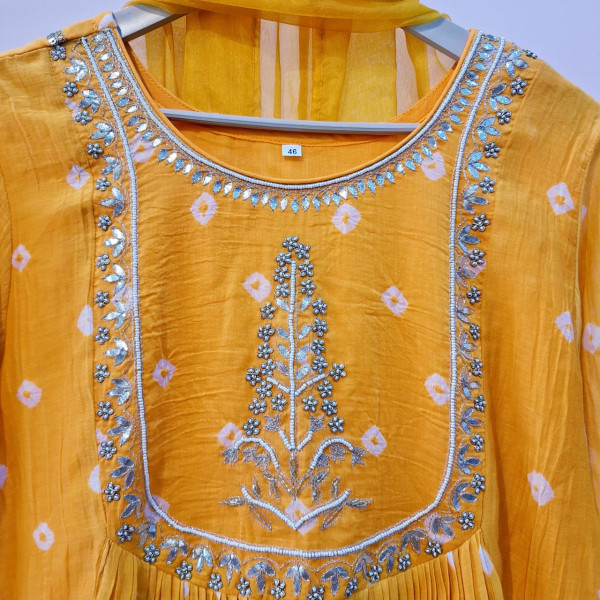YELLOW HANDWORK KURTI PANT AND DUPATTA SET