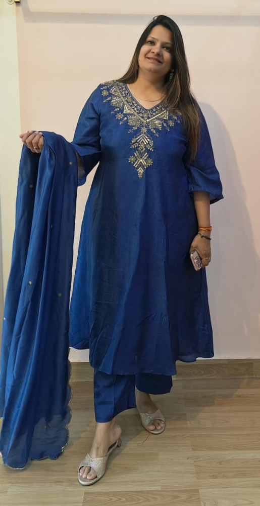 Image of BLUE SUMMER SILK HANDWORK A LINE SUIT PANT AND DUPATTA SET