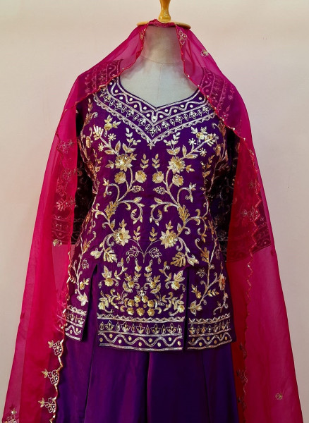PURPLE SUMMER SILK SHORT KURTI SKIRT AND DUPATTA SET
