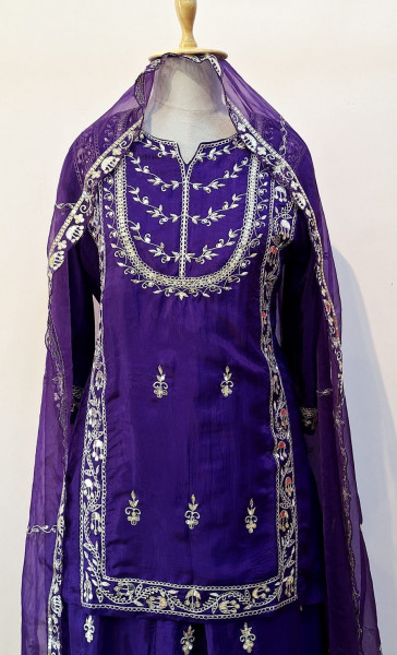 PURPLE SUMMER SILK HANDWORK SHORT KURTI GARARA AND DUPATTA SET