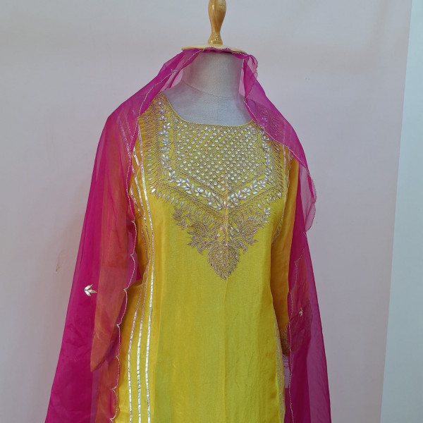 YELLOW TISSUE HANDWORK SHORT KURTI WITH FLARED PALAZZO WITH RANI ORGANZA DUPATTA SET