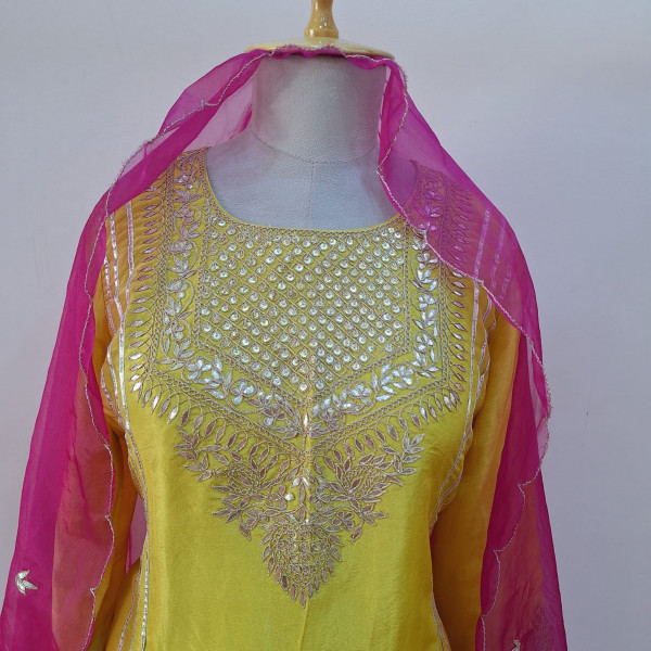 YELLOW TISSUE HANDWORK SHORT KURTI WITH FLARED PALAZZO WITH RANI ORGANZA DUPATTA SET