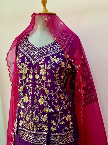 PURPLE SUMMER SILK SHORT KURTI SKIRT AND DUPATTA SET
