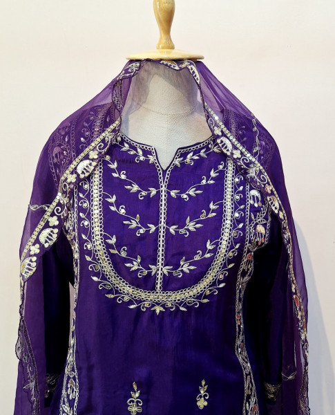 PURPLE SUMMER SILK HANDWORK SHORT KURTI GARARA AND DUPATTA SET