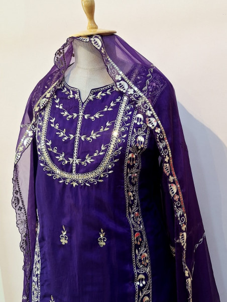 PURPLE SUMMER SILK HANDWORK SHORT KURTI GARARA AND DUPATTA SET
