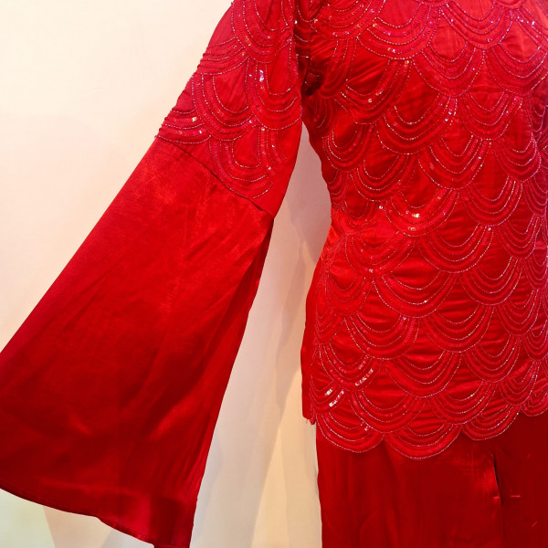 RED GAJJI SILK HANDWORK TOP AND PANTS SET