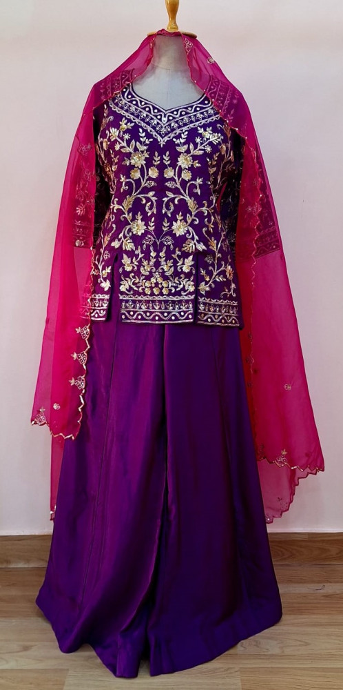 Image of PURPLE SUMMER SILK SHORT KURTI SKIRT AND DUPATTA SET