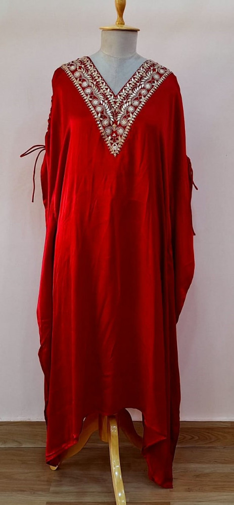 Image of RED GAJJI SILK KAFTAN PANT SET