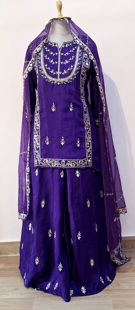 Image of PURPLE SUMMER SILK HANDWORK SHORT KURTI GARARA AND DUPATTA SET