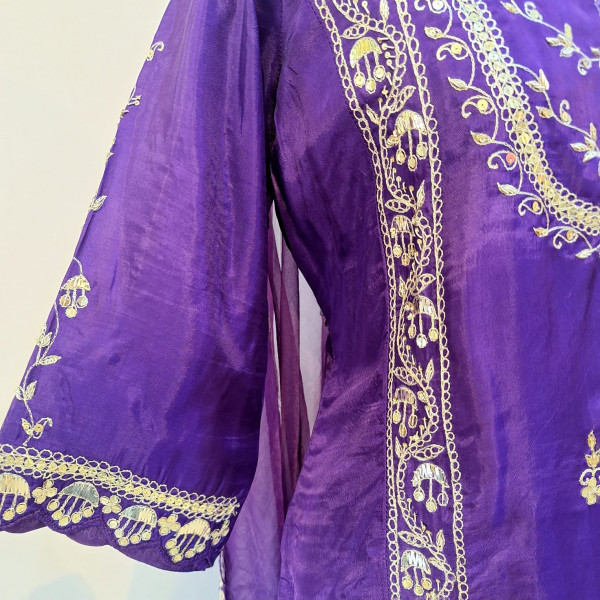 PURPLE SUMMER SILK HANDWORK SHORT KURTI GARARA AND DUPATTA SET