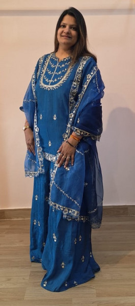 PEACOCK BLUE HANDWORK KURTI GARARA AND DUPPTTA SET