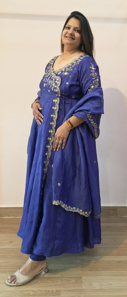 Image of BLUEISH PURPLE SUMMER SILK HANDWORK ANGRAKHA PANT AND DUPATTA SET