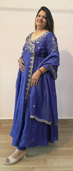 BLUEISH PURPLE SUMMER SILK HANDWORK ANGRAKHA PANT AND DUPATTA SET