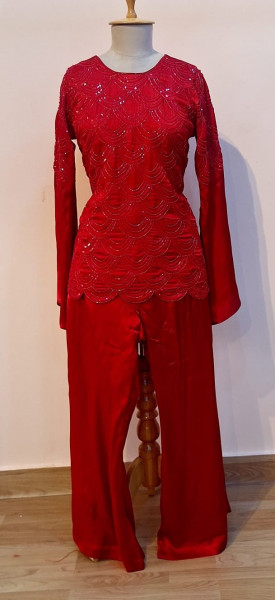 RED GAJJI SILK HANDWORK TOP AND PANTS SET