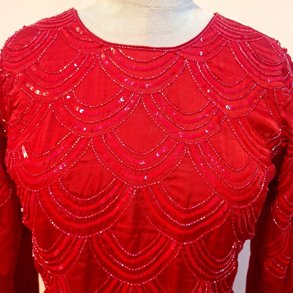 RED GAJJI SILK HANDWORK TOP AND PANTS SET