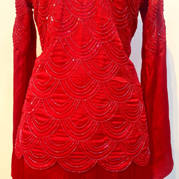 RED GAJJI SILK HANDWORK TOP AND PANTS SET