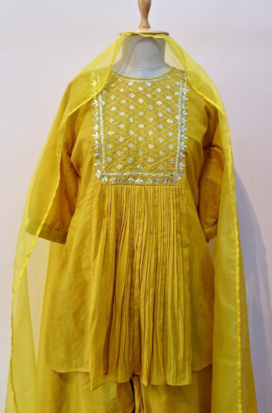 YELLOW HANDWORK PEPLUM SHARARA AND DUPATTA SET