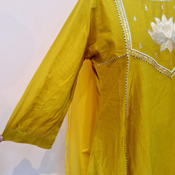 DUSTY YELLOW HANDWORK KURTI PANT AND DUPATTA SET