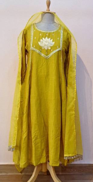 DUSTY YELLOW HANDWORK KURTI PANT AND DUPATTA SET