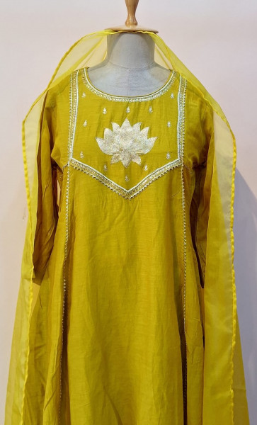 DUSTY YELLOW HANDWORK KURTI PANT AND DUPATTA SET