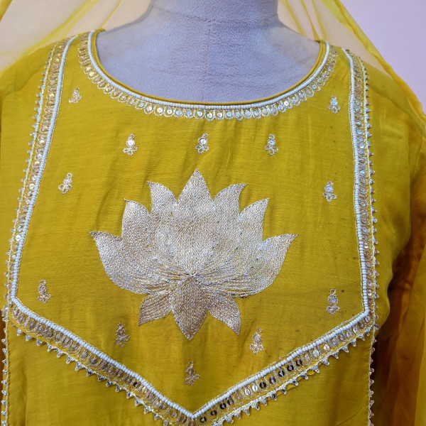 DUSTY YELLOW HANDWORK KURTI PANT AND DUPATTA SET