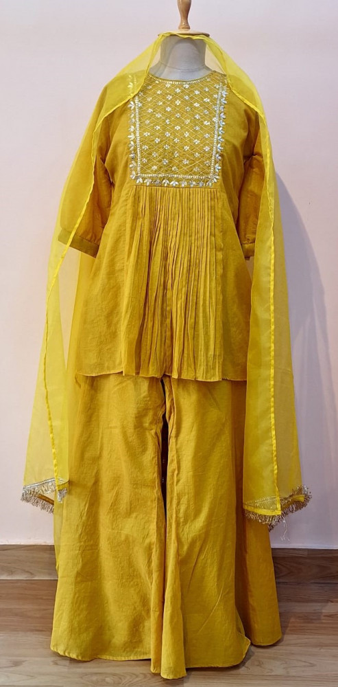 Image of YELLOW HANDWORK PEPLUM SHARARA AND DUPATTA SET