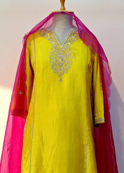 BRIGHT YELLOW SUMMER SILK HANDWORK SUIT PANT AND DUPATTA SET