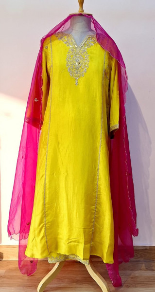 BRIGHT YELLOW SUMMER SILK HANDWORK SUIT PANT AND DUPATTA SET