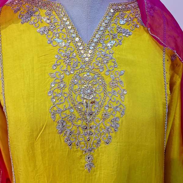 BRIGHT YELLOW SUMMER SILK HANDWORK SUIT PANT AND DUPATTA SET