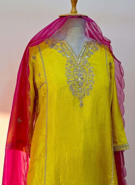 BRIGHT YELLOW SUMMER SILK HANDWORK SUIT PANT AND DUPATTA SET