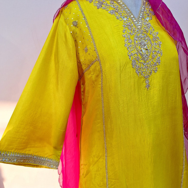 BRIGHT YELLOW SUMMER SILK HANDWORK SUIT PANT AND DUPATTA SET