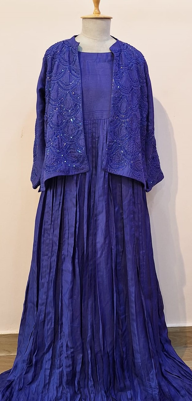 BLUEISH PURPLE HANDWORK ONE PIECE AND JACKET SET
