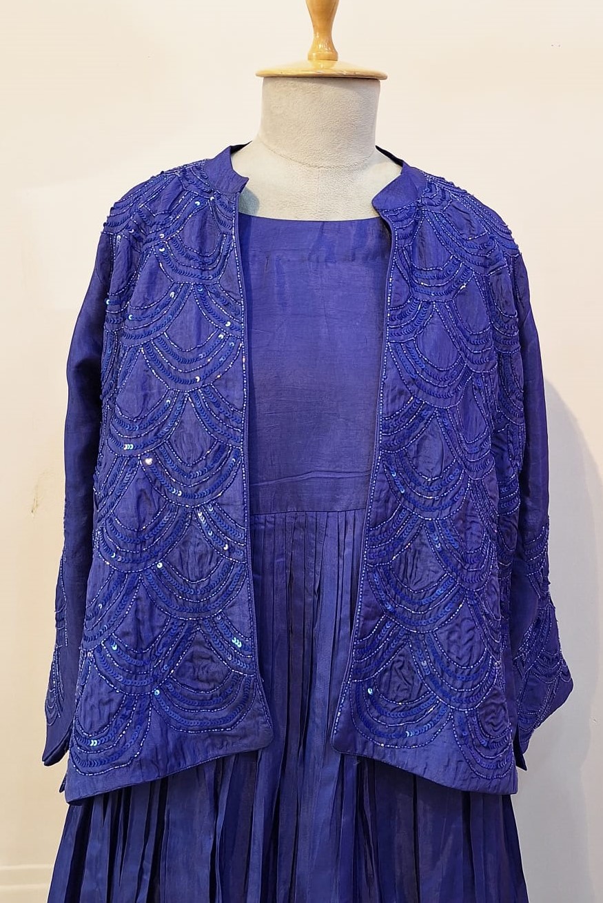 BLUEISH PURPLE HANDWORK ONE PIECE AND JACKET SET