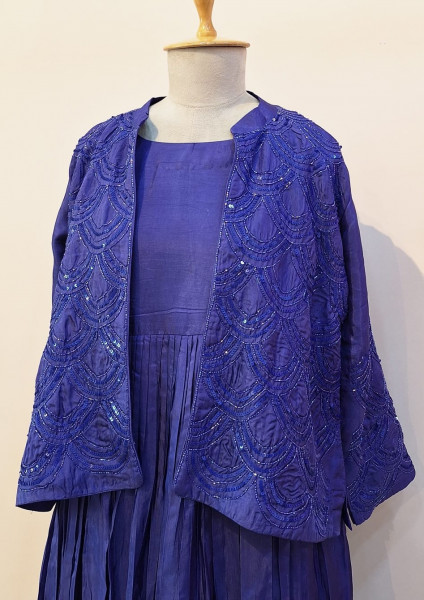 BLUEISH PURPLE HANDWORK ONE PIECE AND JACKET SET