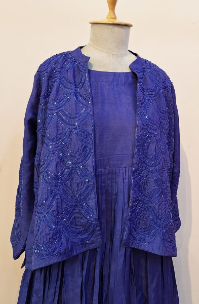 BLUEISH PURPLE HANDWORK ONE PIECE AND JACKET SET