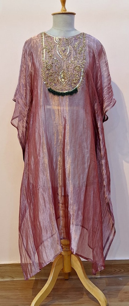 Image of ONION PINK TISSUE HANDWORK KAFTAN SET