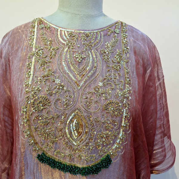 ONION PINK TISSUE HANDWORK KAFTAN SET
