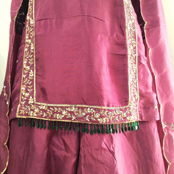 WINE SUMMER SILK HANDWORK SHORT KURTI FLARED PALAZZO AND DUPATTA SET