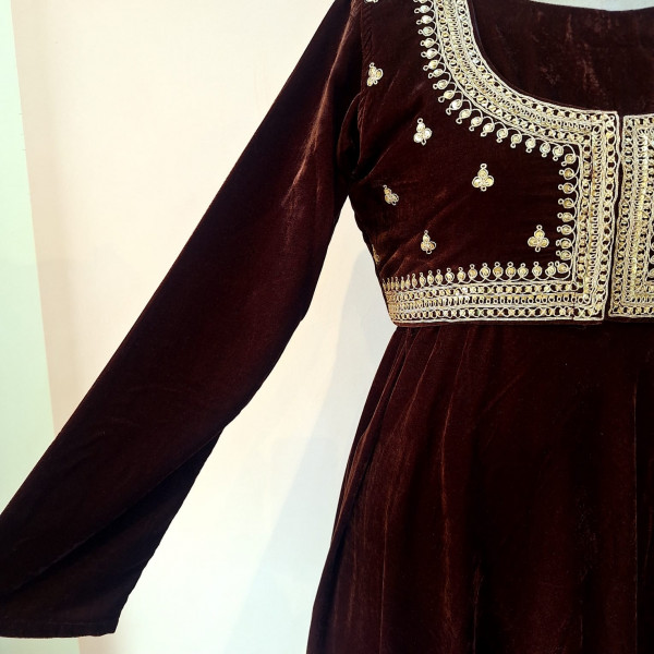 BROWN VELVET HANDWORK ONE PIECE WITH JACKET SET