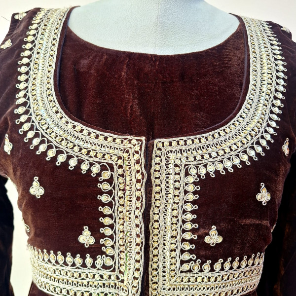 BROWN VELVET HANDWORK ONE PIECE WITH JACKET SET