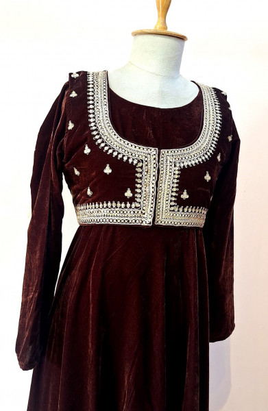 BROWN VELVET HANDWORK ONE PIECE WITH JACKET SET