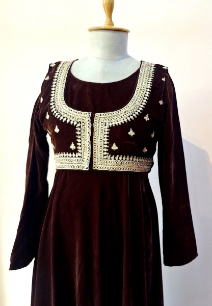 BROWN VELVET HANDWORK ONE PIECE WITH JACKET SET