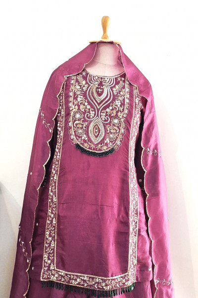 WINE SUMMER SILK HANDWORK SHORT KURTI FLARED PALAZZO AND DUPATTA SET
