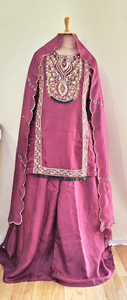 WINE SUMMER SILK HANDWORK SHORT KURTI FLARED PALAZZO AND DUPATTA SET