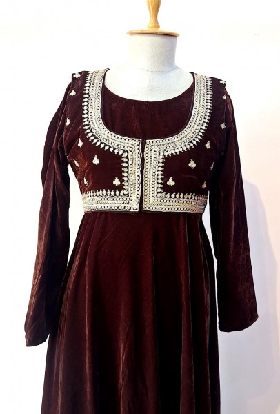 BROWN VELVET HANDWORK ONE PIECE WITH JACKET SET