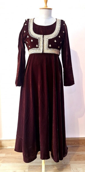 BROWN VELVET HANDWORK ONE PIECE WITH JACKET SET